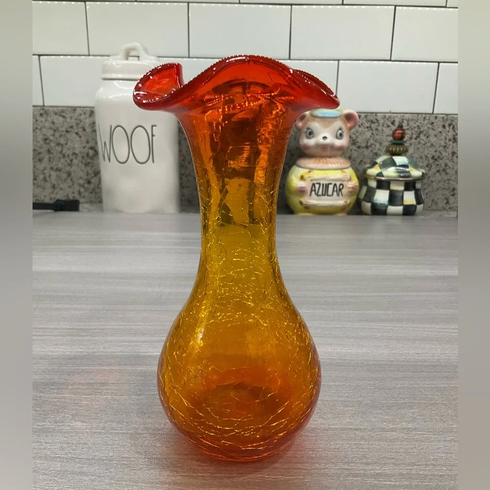 VINTAGE MID CENTURY MODERN HAND BLOWN‎ AMBERINA CRACKLE GLASS VASE